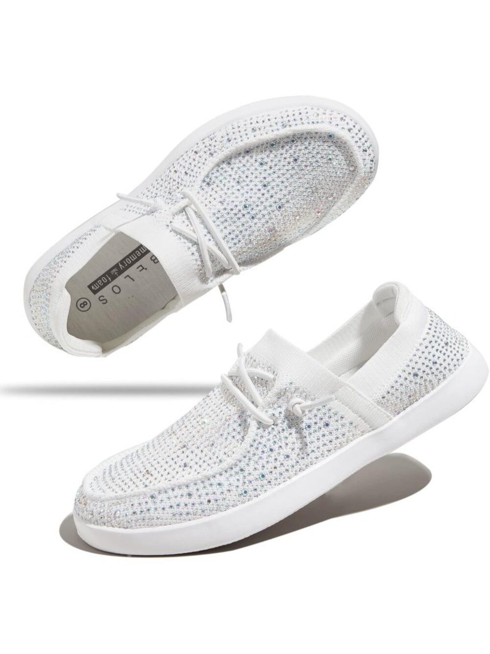 Women's White Comfortable Sparkly Rhinestone Lace Up Glitter Walking Sneaker